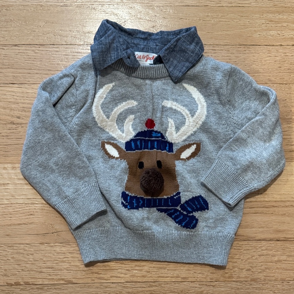 Cat & Jack Gray Sweater with Reindeer and Blue Accents